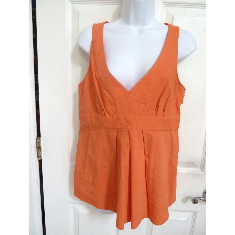 Theory Elberta Orange Linen Blend Pleated V-Neck Blouse Size Med 70473504
